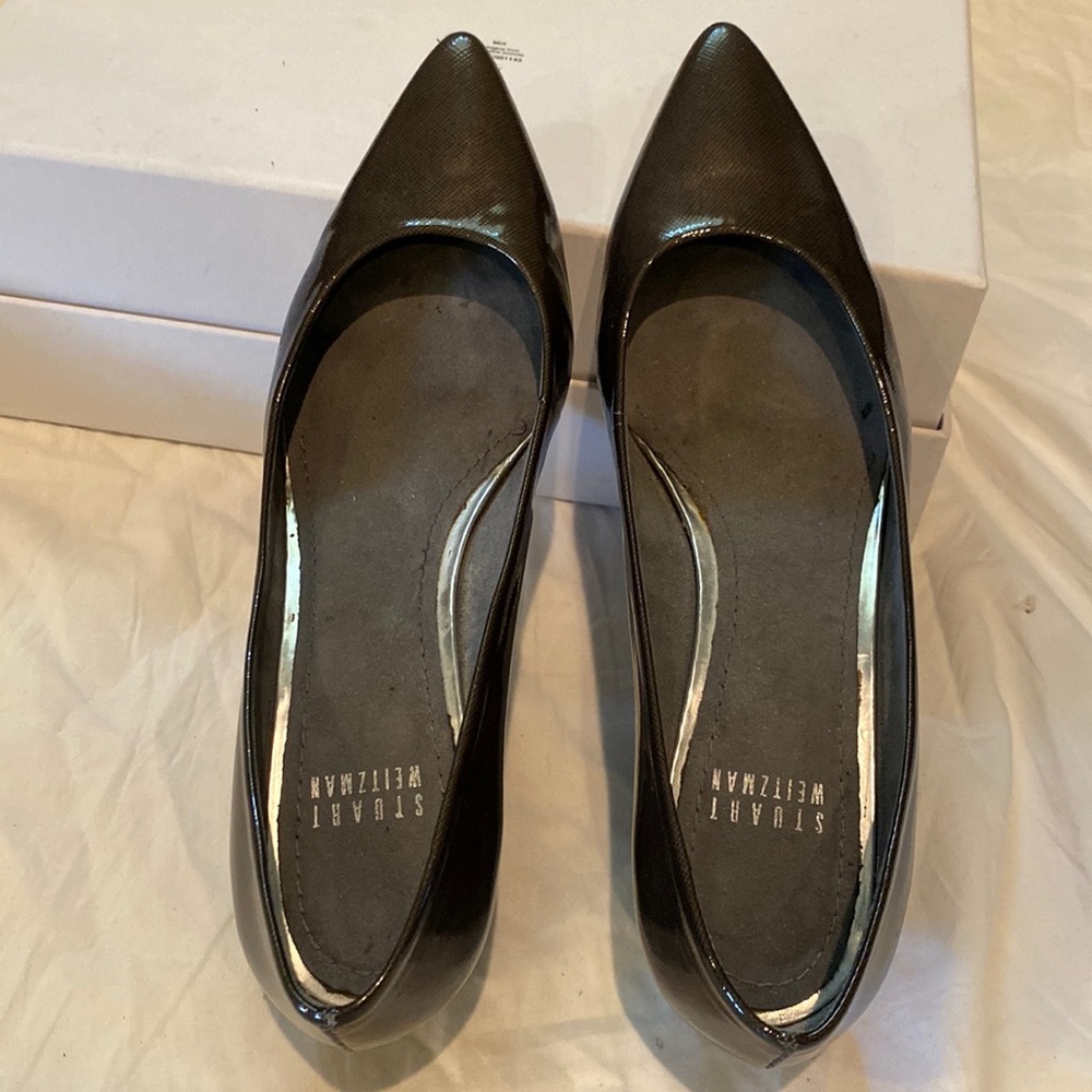 Stuart Weitzman b4 Coach. Dark gray patent wedge. Great condition.
